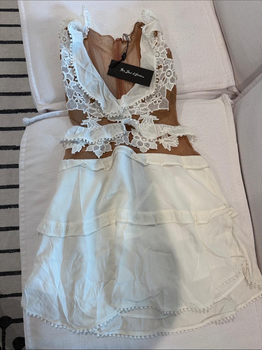 For Love & Lemons White and Brown Lace-Trim Midi Dress